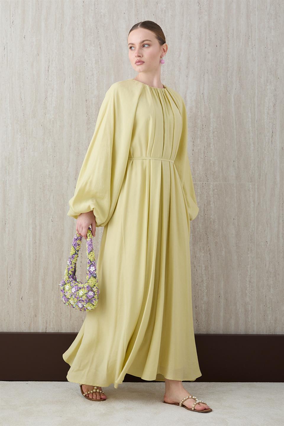 Balon Kol Modal Elbise - Sarı