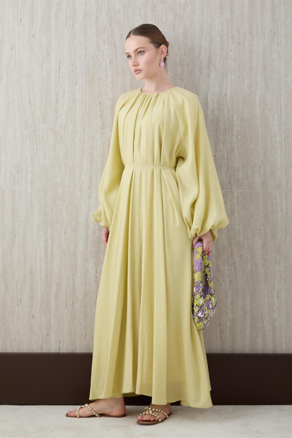 Balon Kol Modal Elbise - Sarı