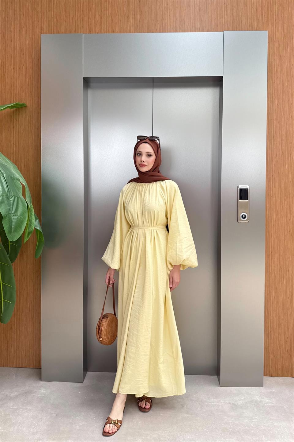 Balon Kol Modal Elbise - Sarı
