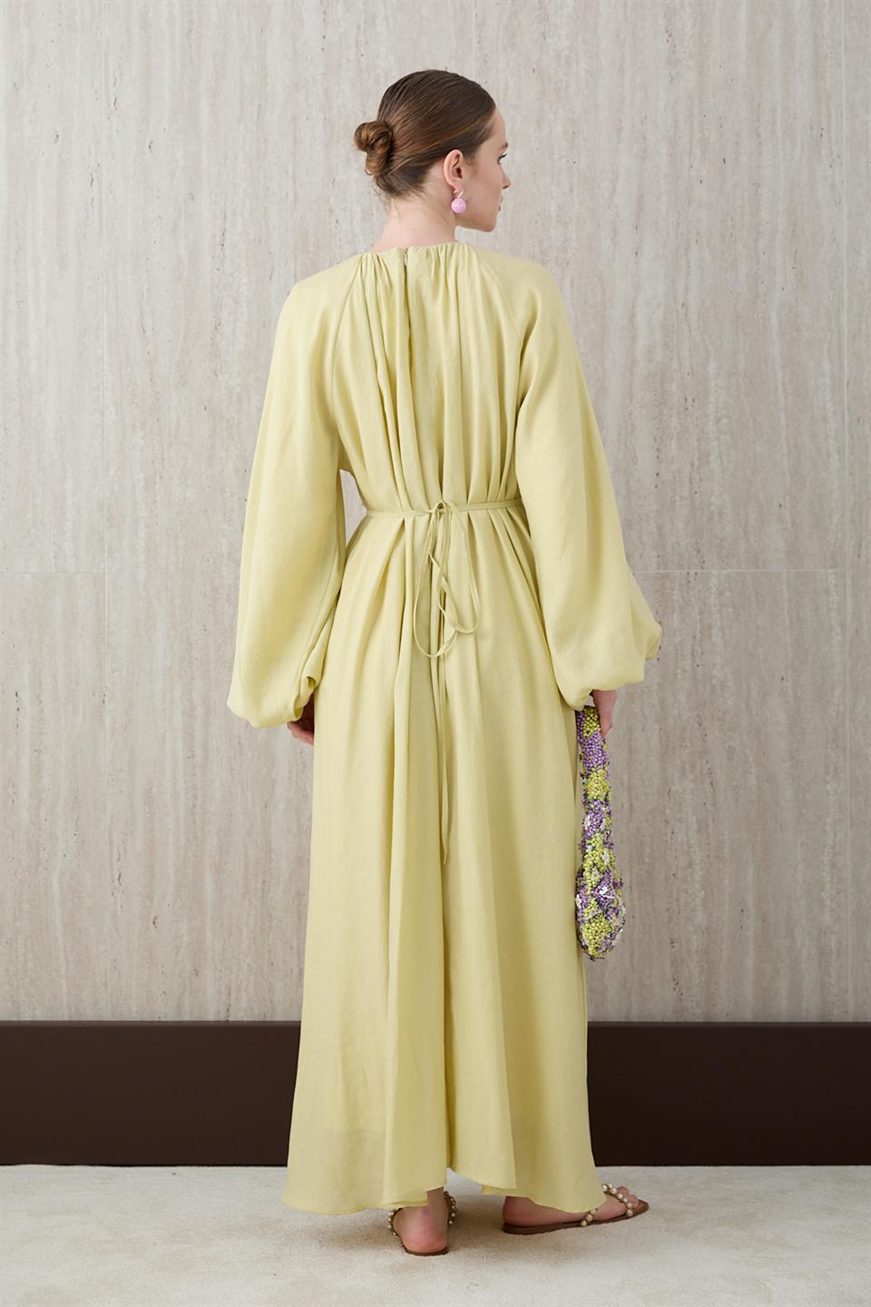 Balon Kol Modal Elbise - Sarı