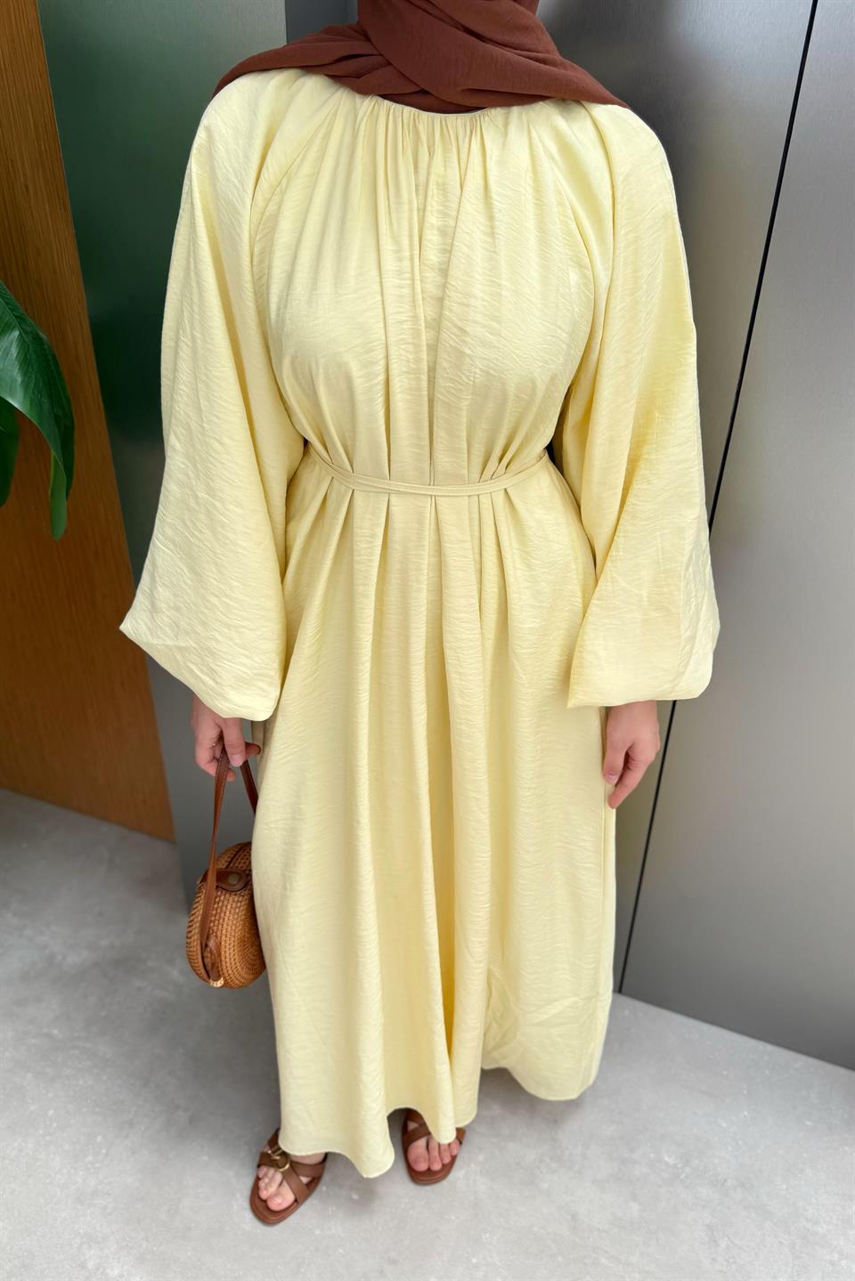 Balon Kol Modal Elbise - Sarı
