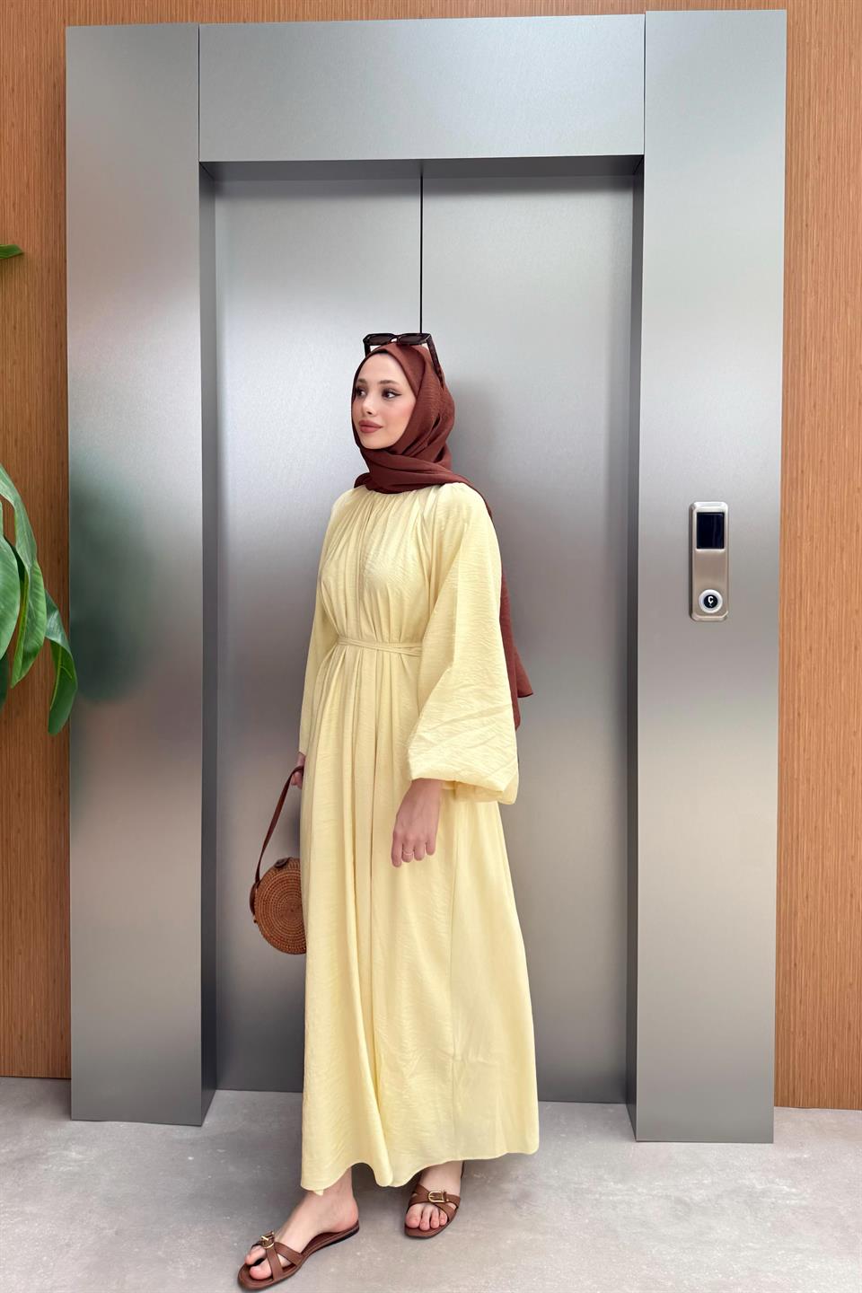 Balon Kol Modal Elbise - Sarı