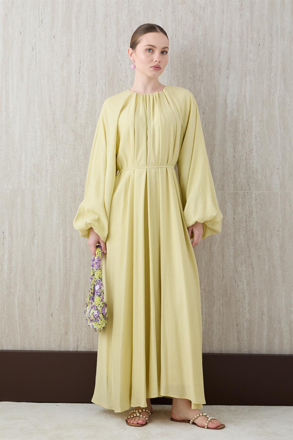 Balon Kol Modal Elbise - Sarı