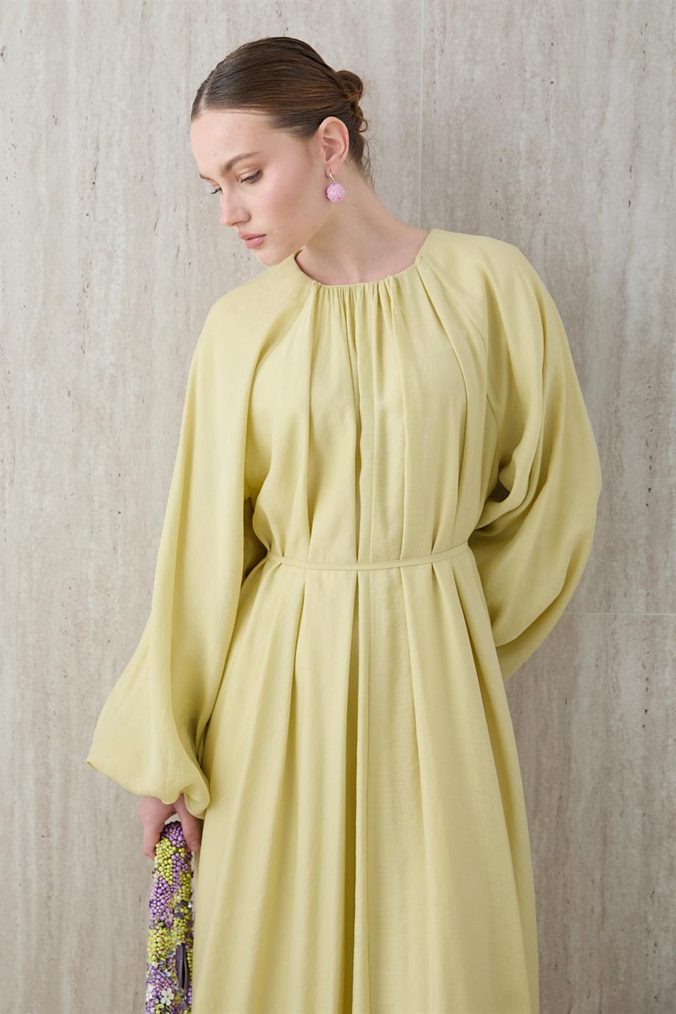 Balon Kol Modal Elbise - Sarı