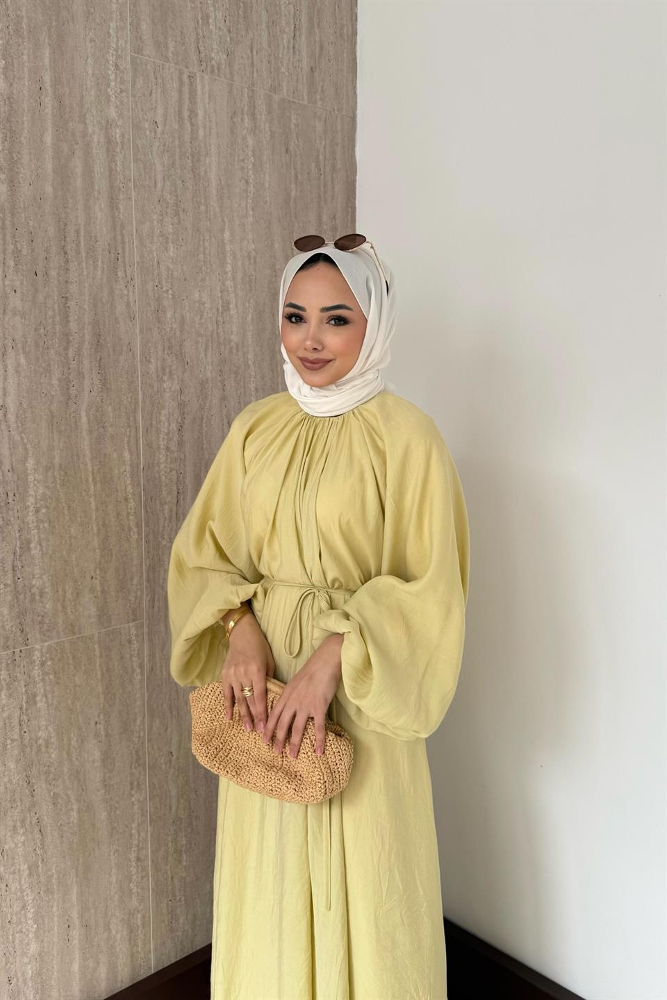 Balon Kol Modal Elbise - Yağ Yeşili