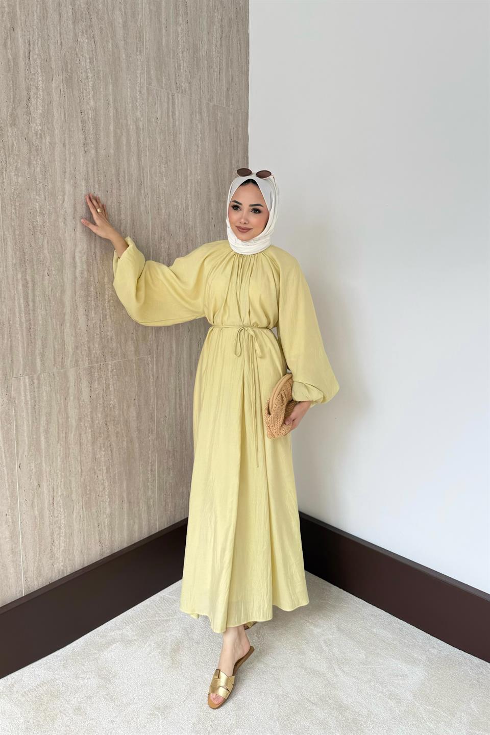 Balon Kol Modal Elbise - Yağ Yeşili