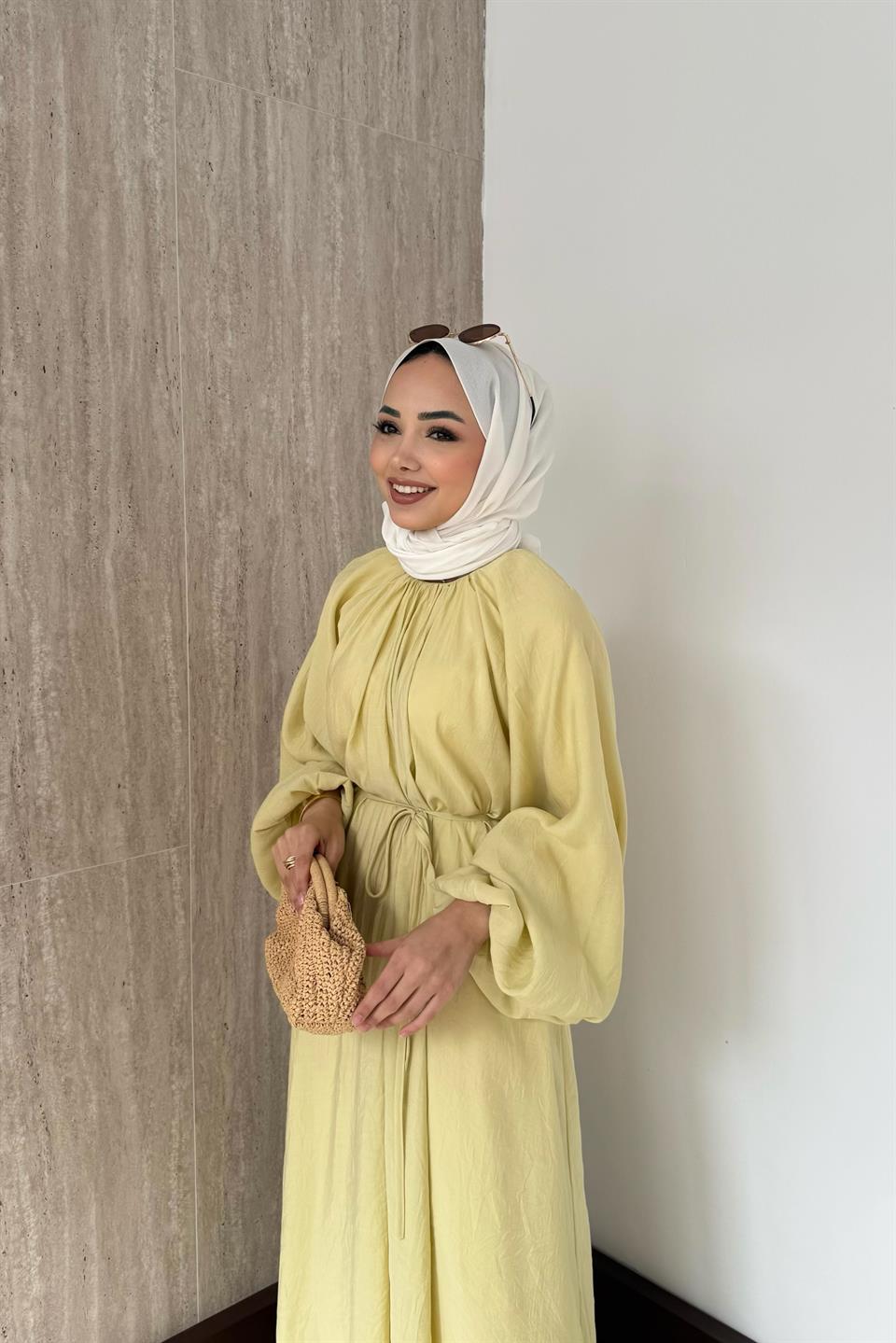 Balon Kol Modal Elbise - Yağ Yeşili