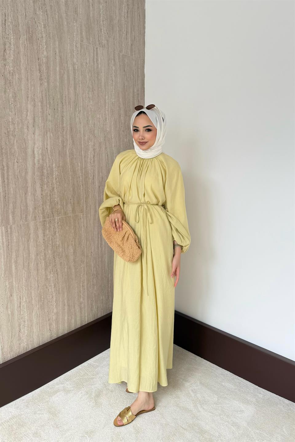 Balon Kol Modal Elbise - Yağ Yeşili