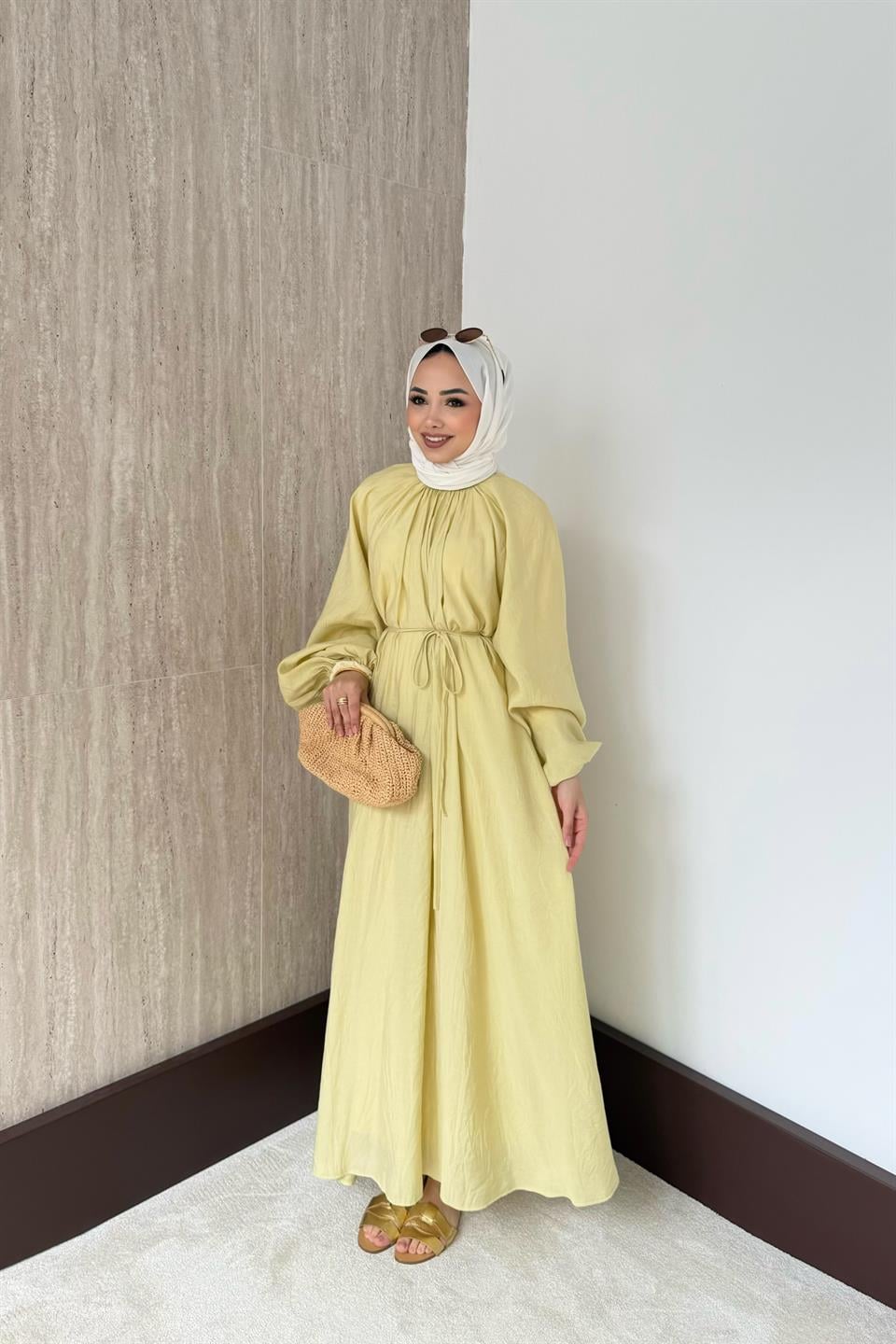 Balon Kol Modal Elbise - Yağ Yeşili