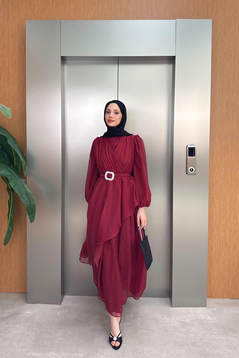 Balon Kol Şifon Elbise - Bordo