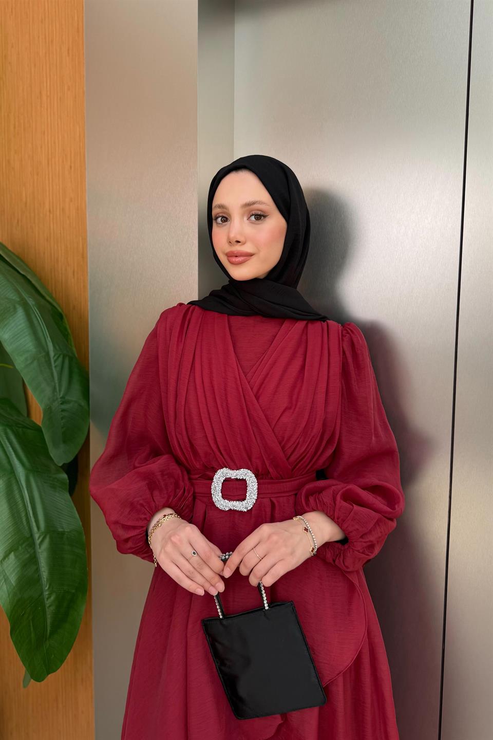 Balon Kol Şifon Elbise - Bordo