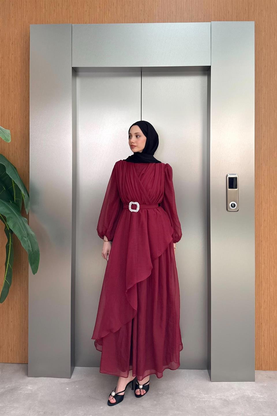 Balon Kol Şifon Elbise - Bordo
