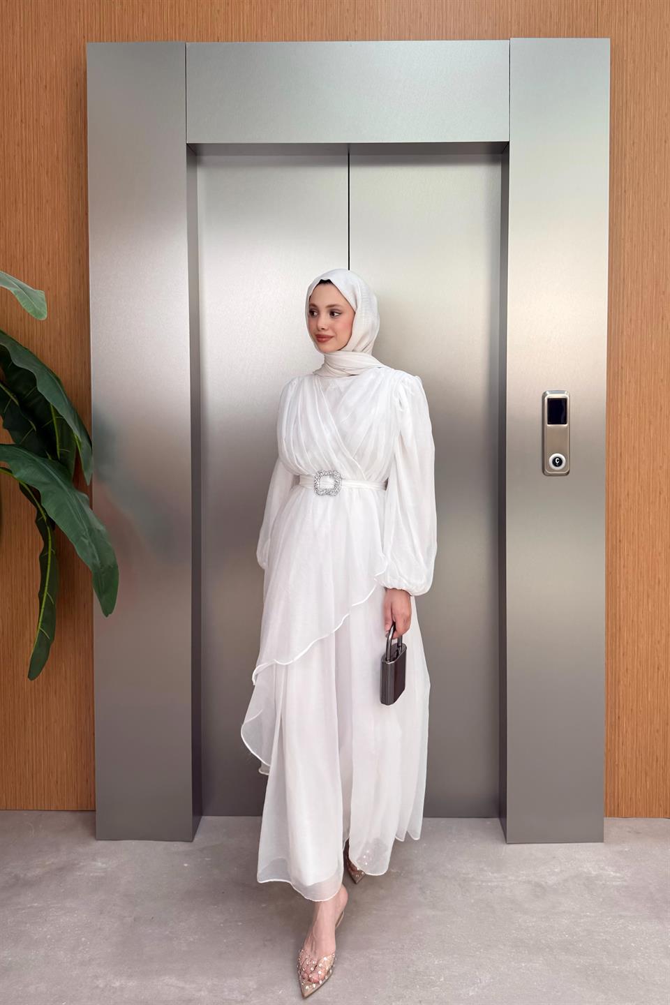 Balon Kol Şifon Elbise - Ekru