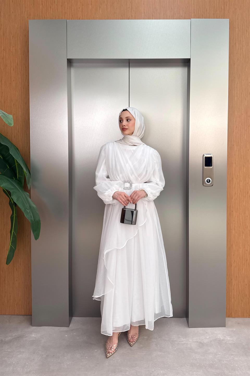 Balon Kol Şifon Elbise - Ekru