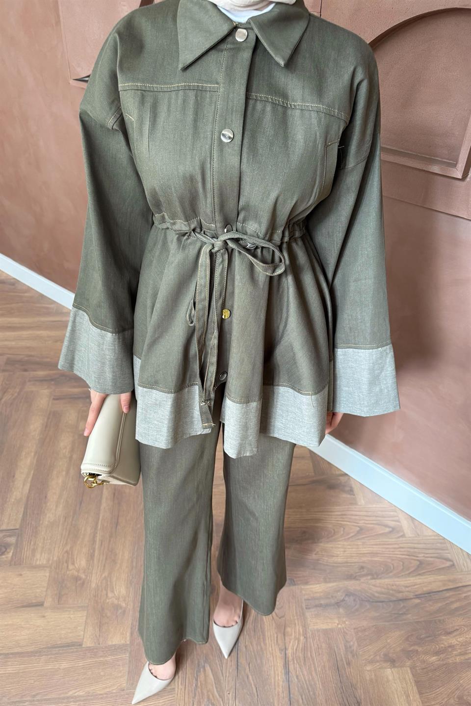 Belden Bağlamalı Pantolonlu Takım - Haki