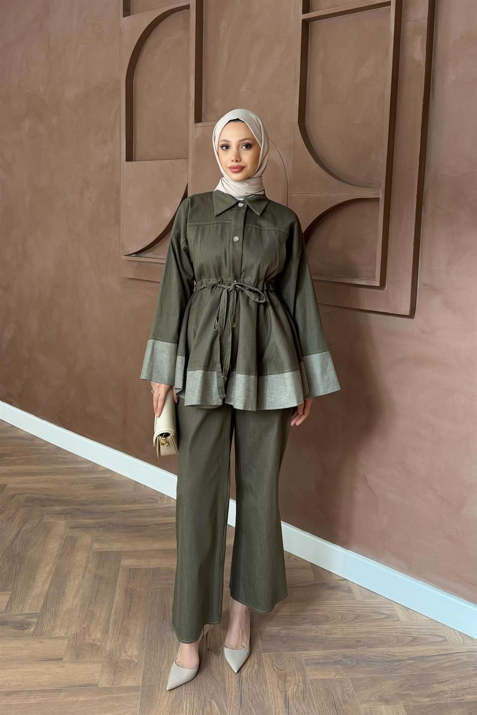 Belden Bağlamalı Pantolonlu Takım - Haki