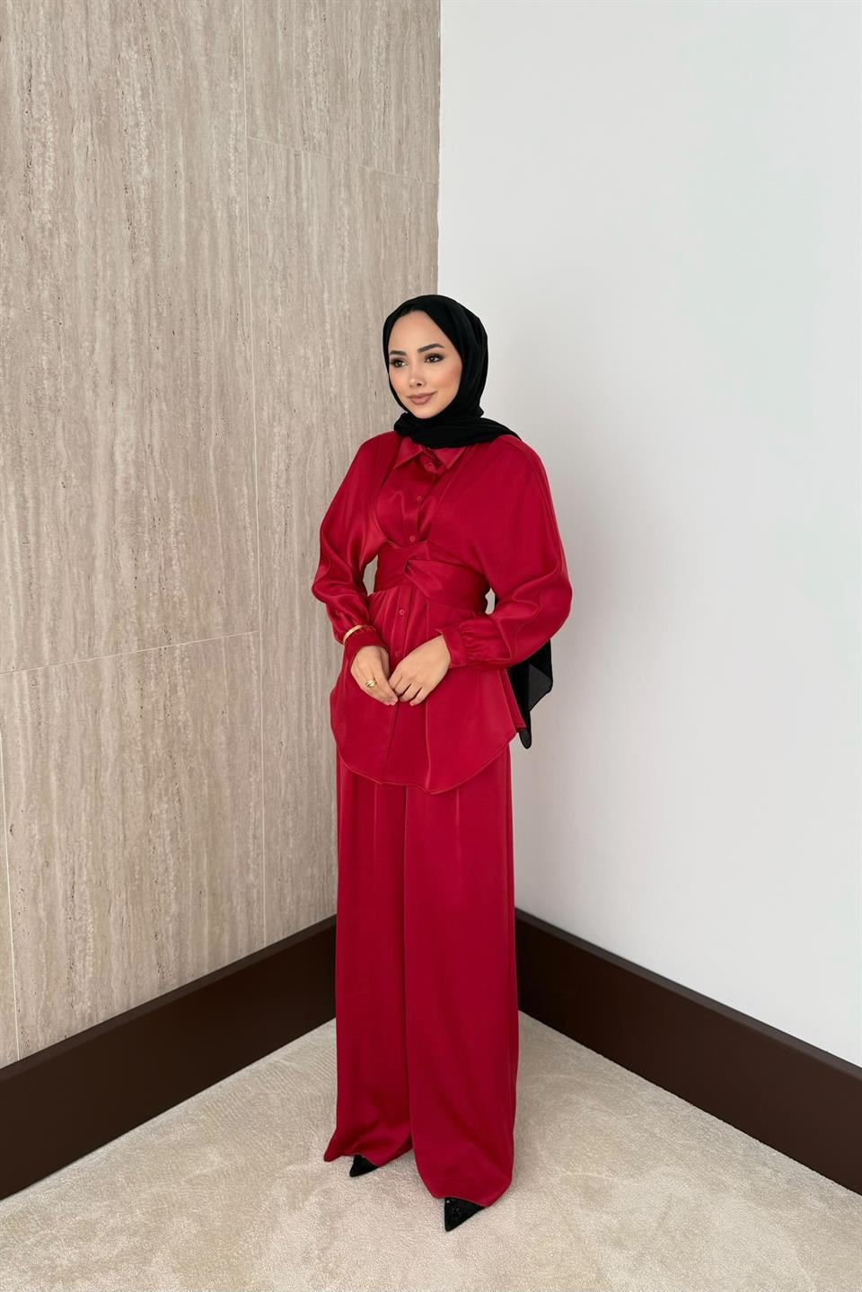 Belden Bağlamalı Saten - Bordo