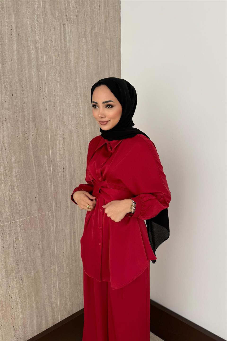 Belden Bağlamalı Saten - Bordo