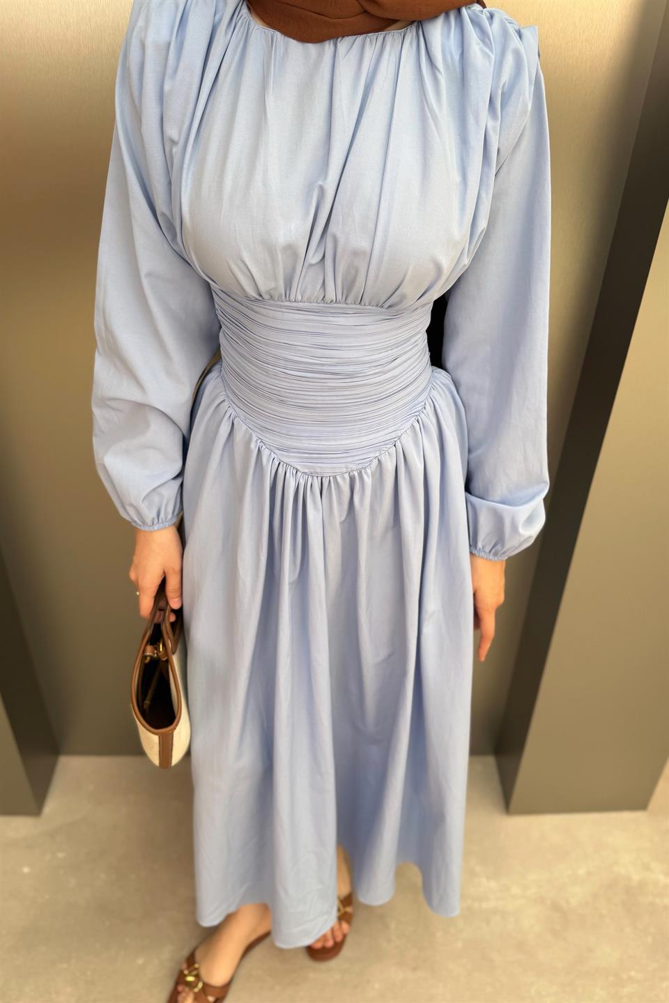 Belden Büzgülü Poplin Elbise - Mavi