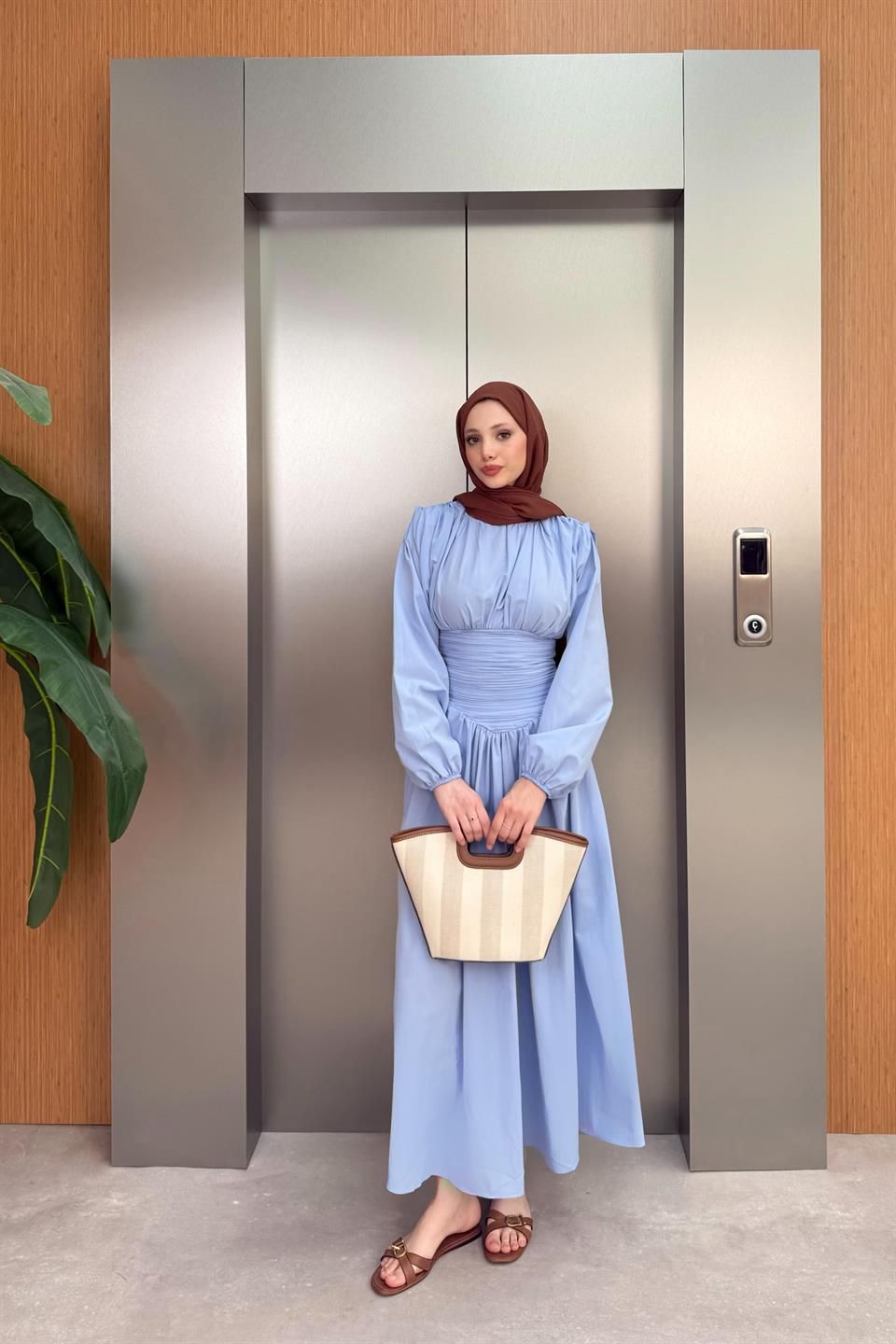 Belden Büzgülü Poplin Elbise - Mavi