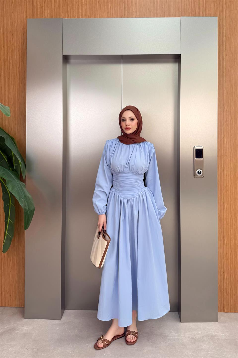 Belden Büzgülü Poplin Elbise - Mavi