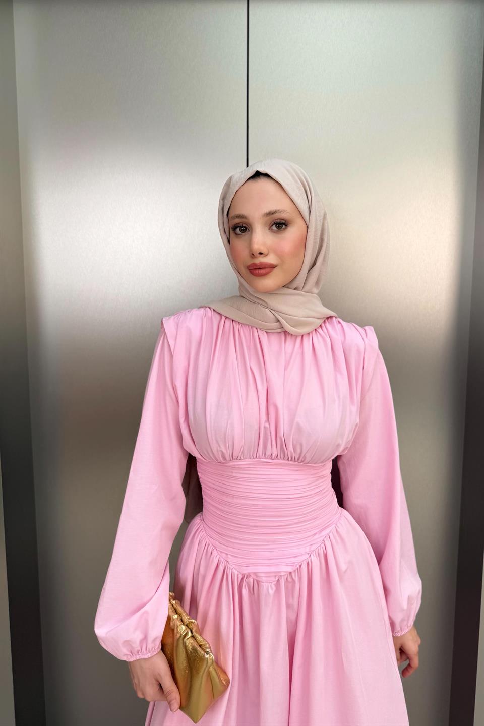 Belden Büzgülü Poplin Elbise - Pembe