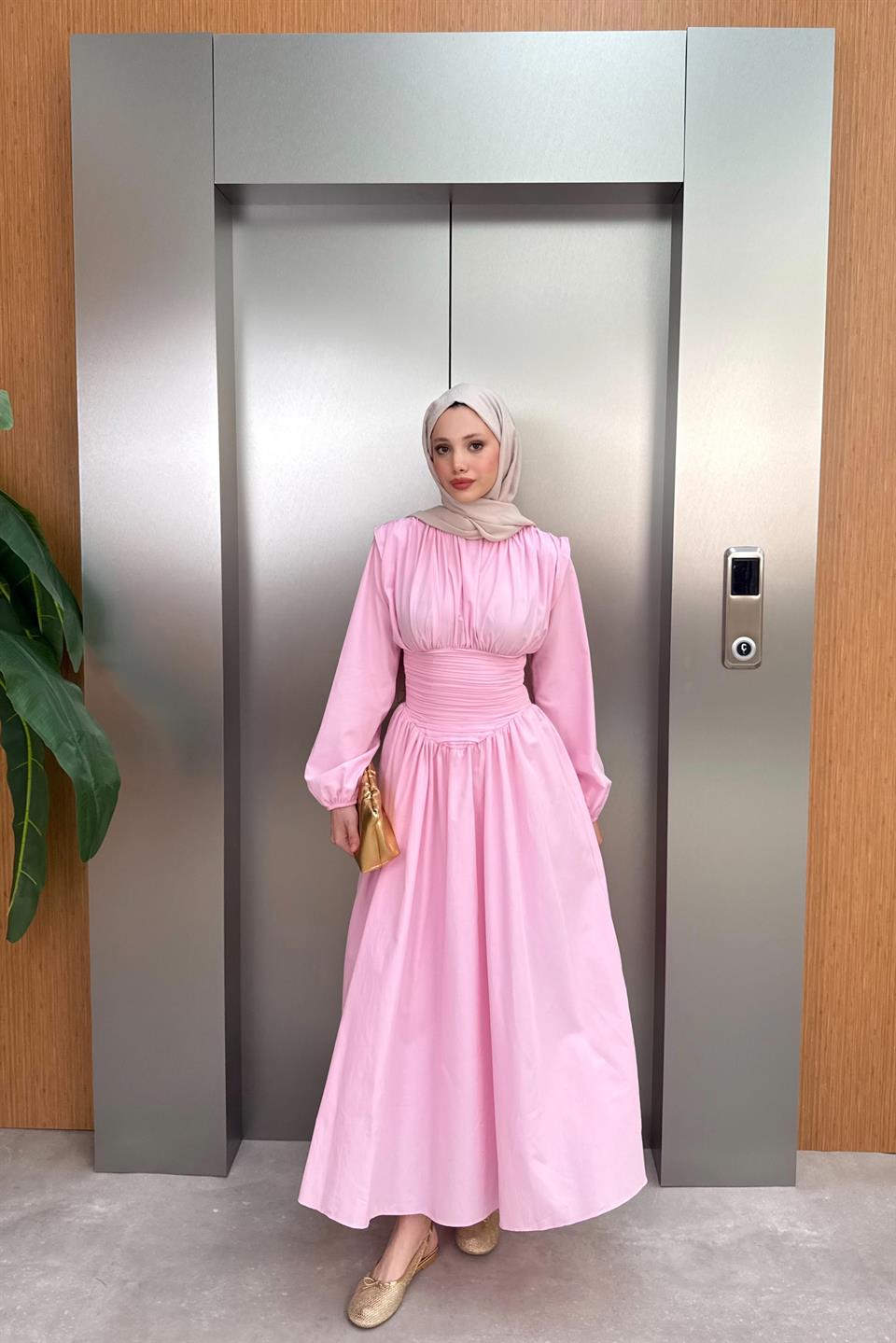 Belden Büzgülü Poplin Elbise - Pembe