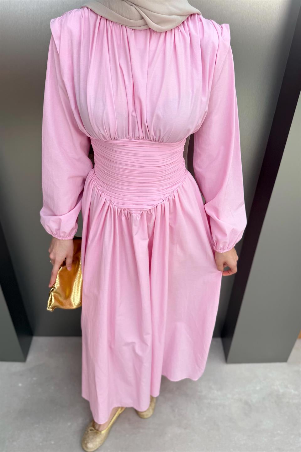Belden Büzgülü Poplin Elbise - Pembe