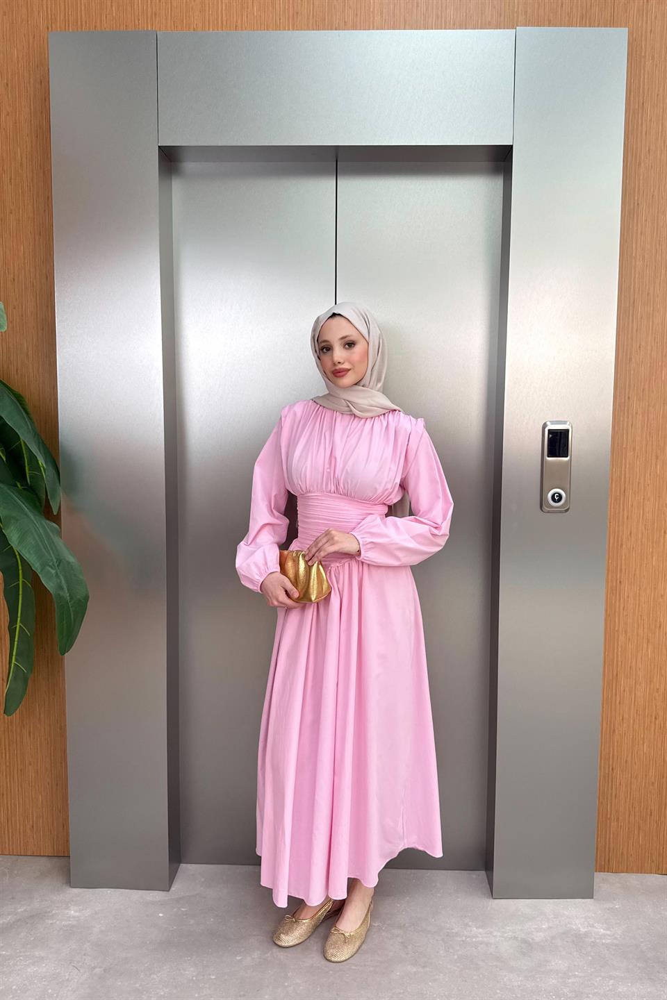 Belden Büzgülü Poplin Elbise - Pembe