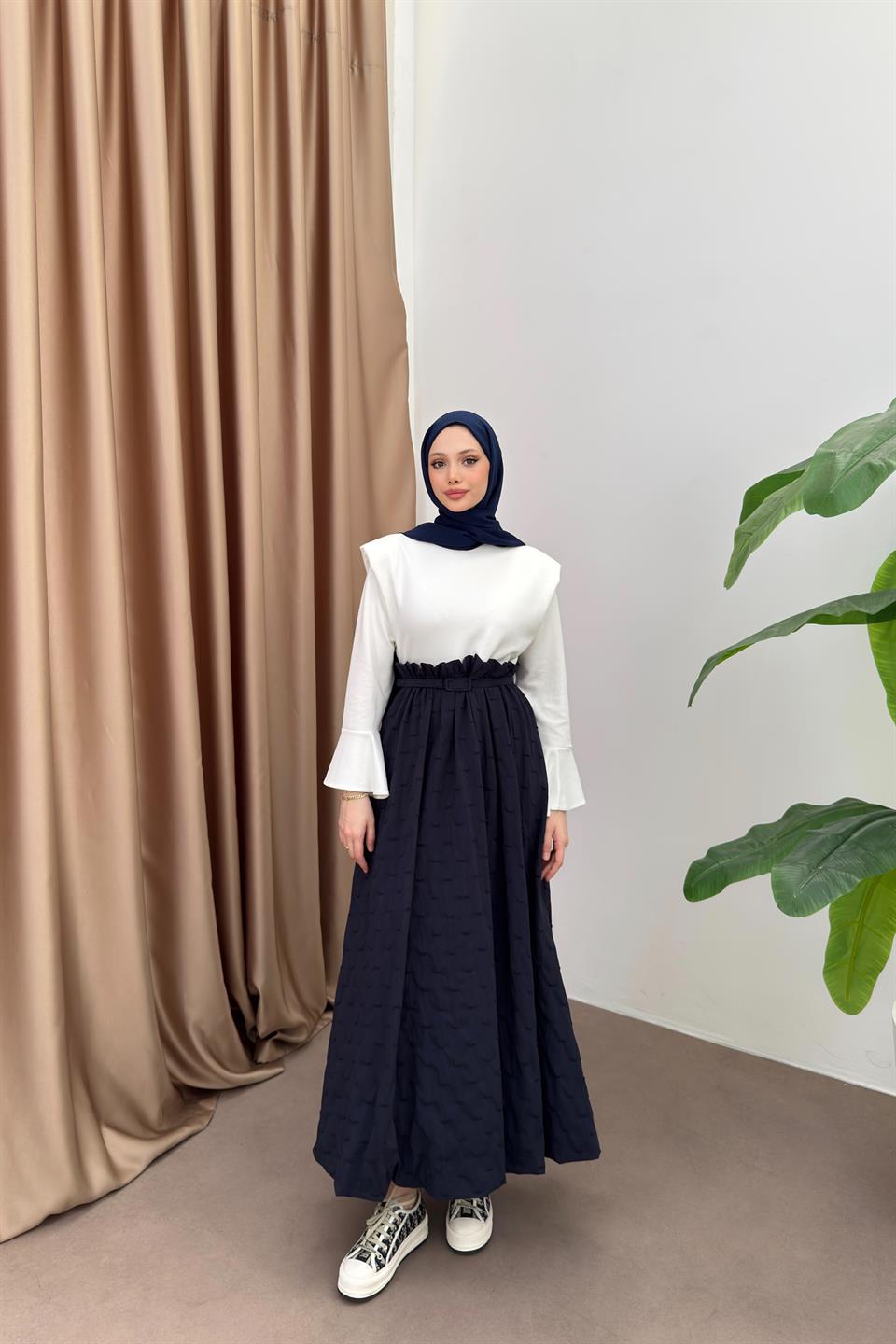 Belden Fırfırlı Balon Elbise - Lacivert