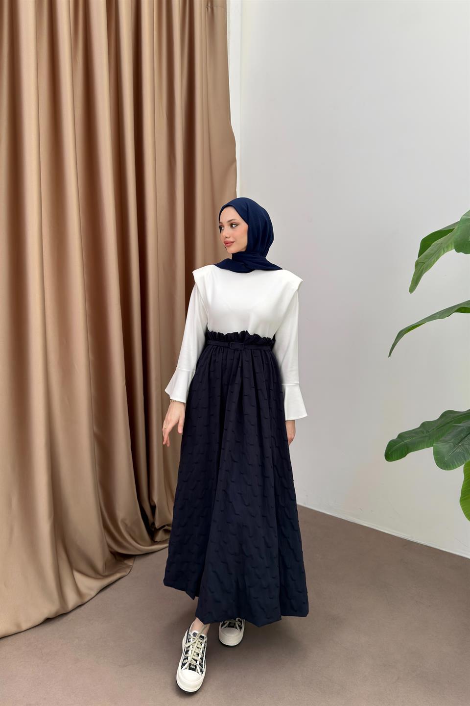 Belden Fırfırlı Balon Elbise - Lacivert