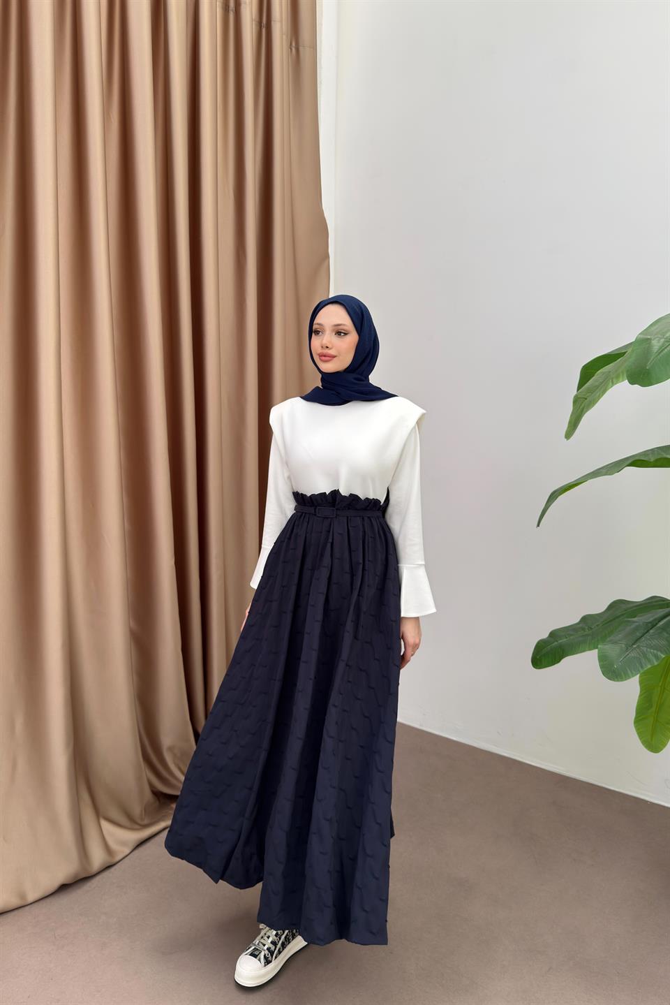 Belden Fırfırlı Balon Elbise - Lacivert