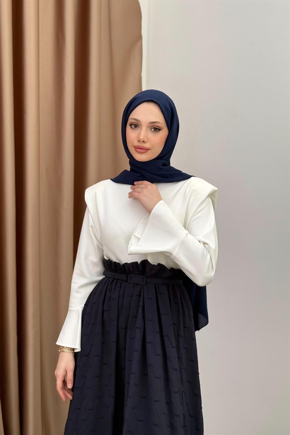 Belden Fırfırlı Balon Elbise - Lacivert