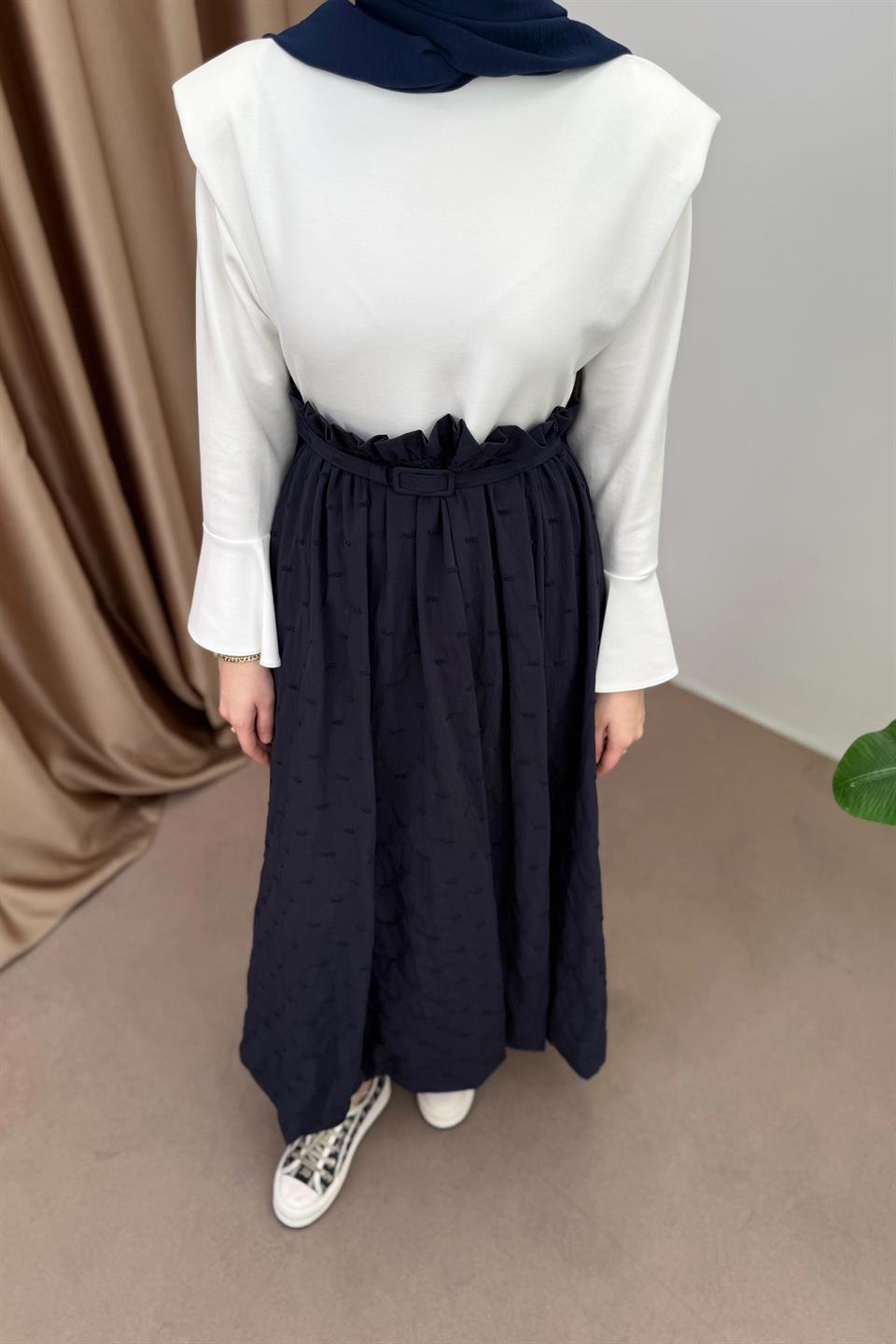 Belden Fırfırlı Balon Elbise - Lacivert