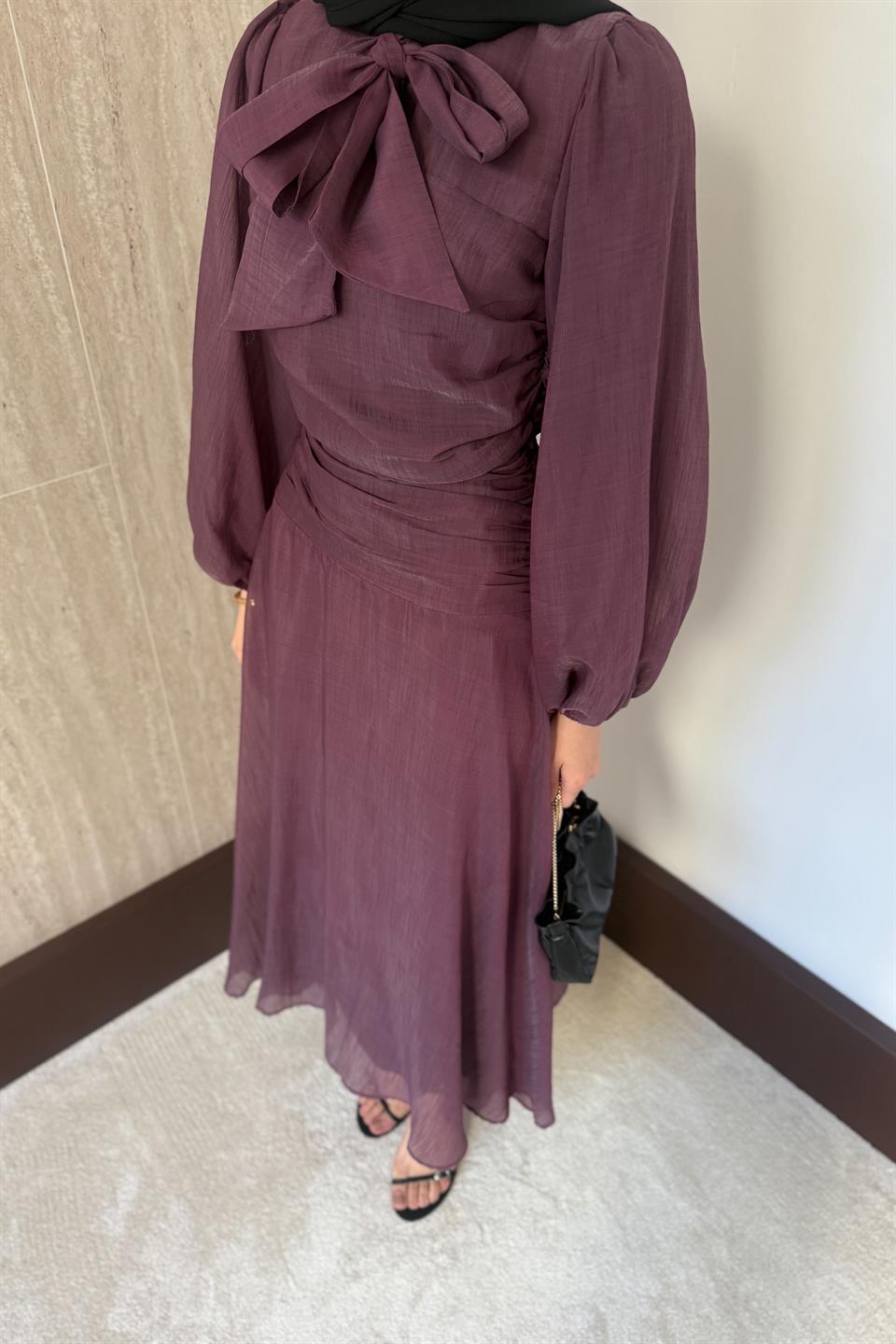 Belden Oturtmalı Elbise - Mürdüm