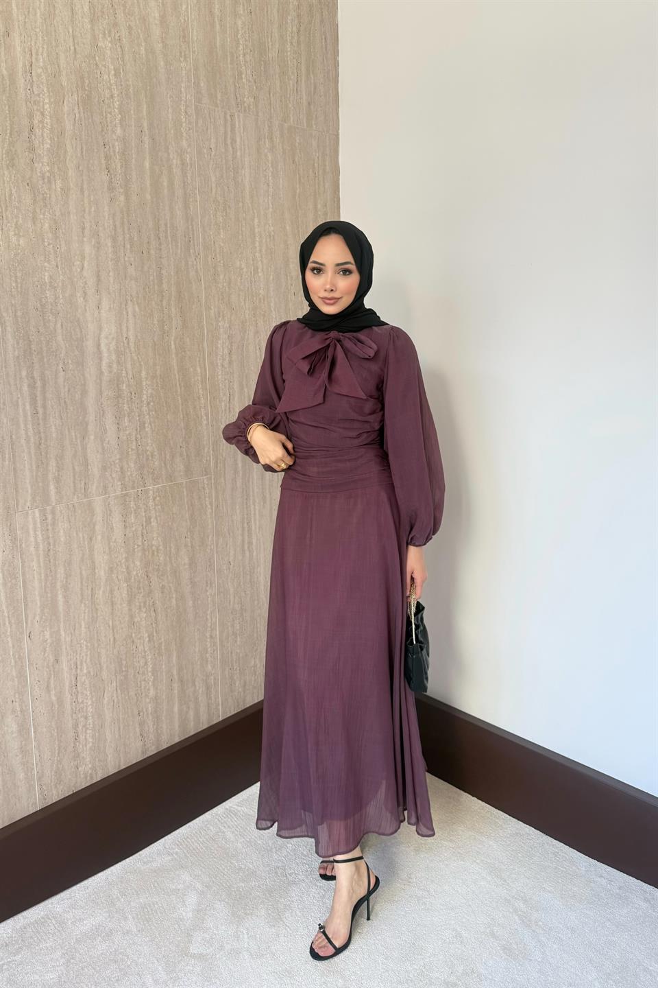 Belden Oturtmalı Elbise - Mürdüm