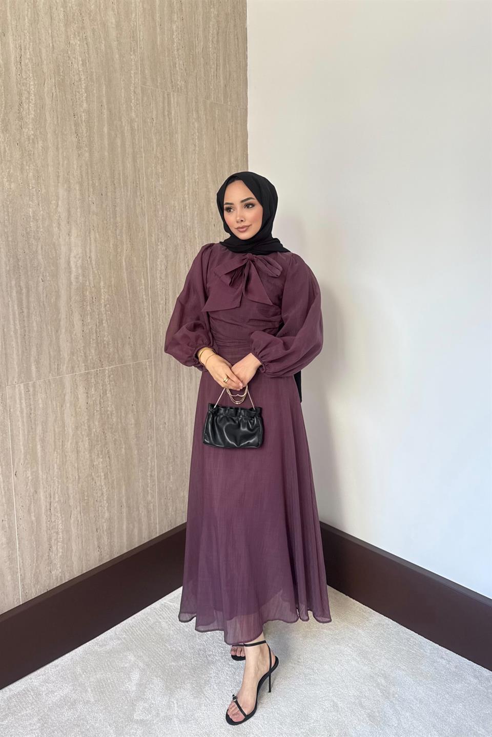 Belden Oturtmalı Elbise - Mürdüm