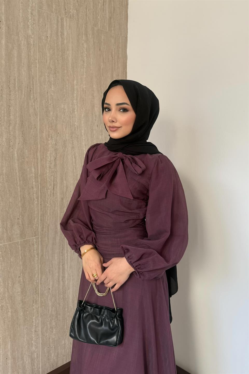 Belden Oturtmalı Elbise - Mürdüm