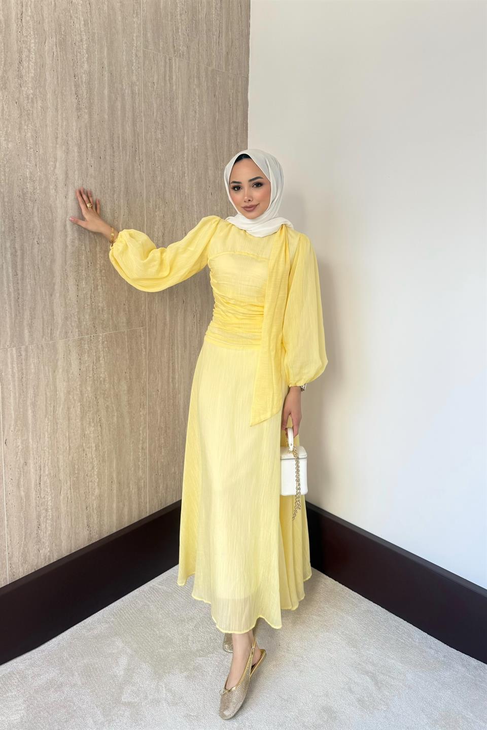 Belden Oturtmalı Elbise - Sarı