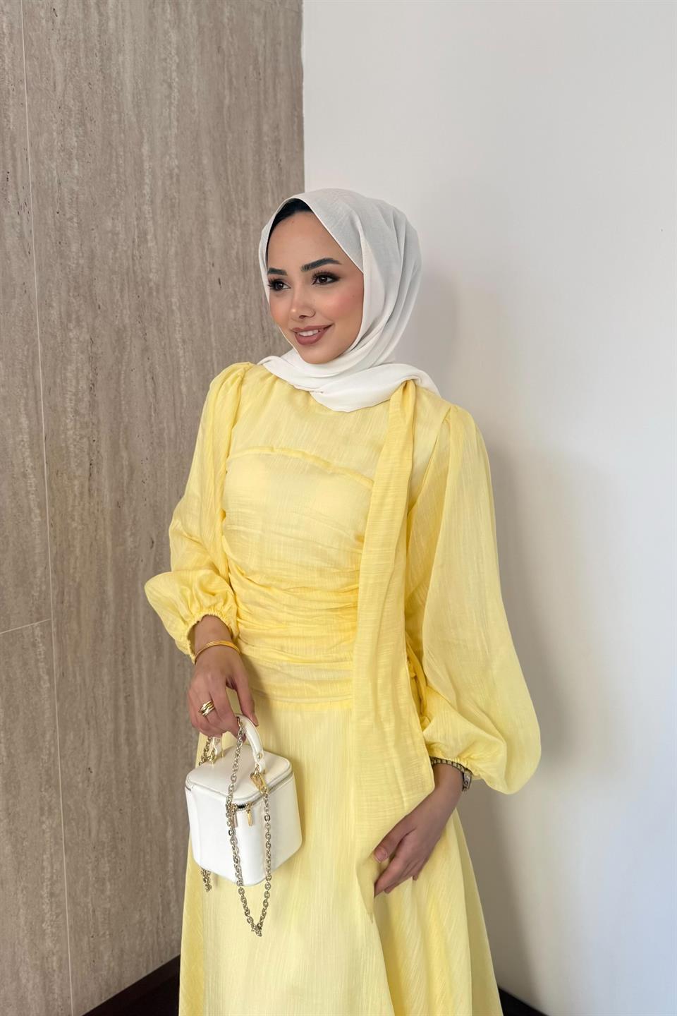 Belden Oturtmalı Elbise - Sarı