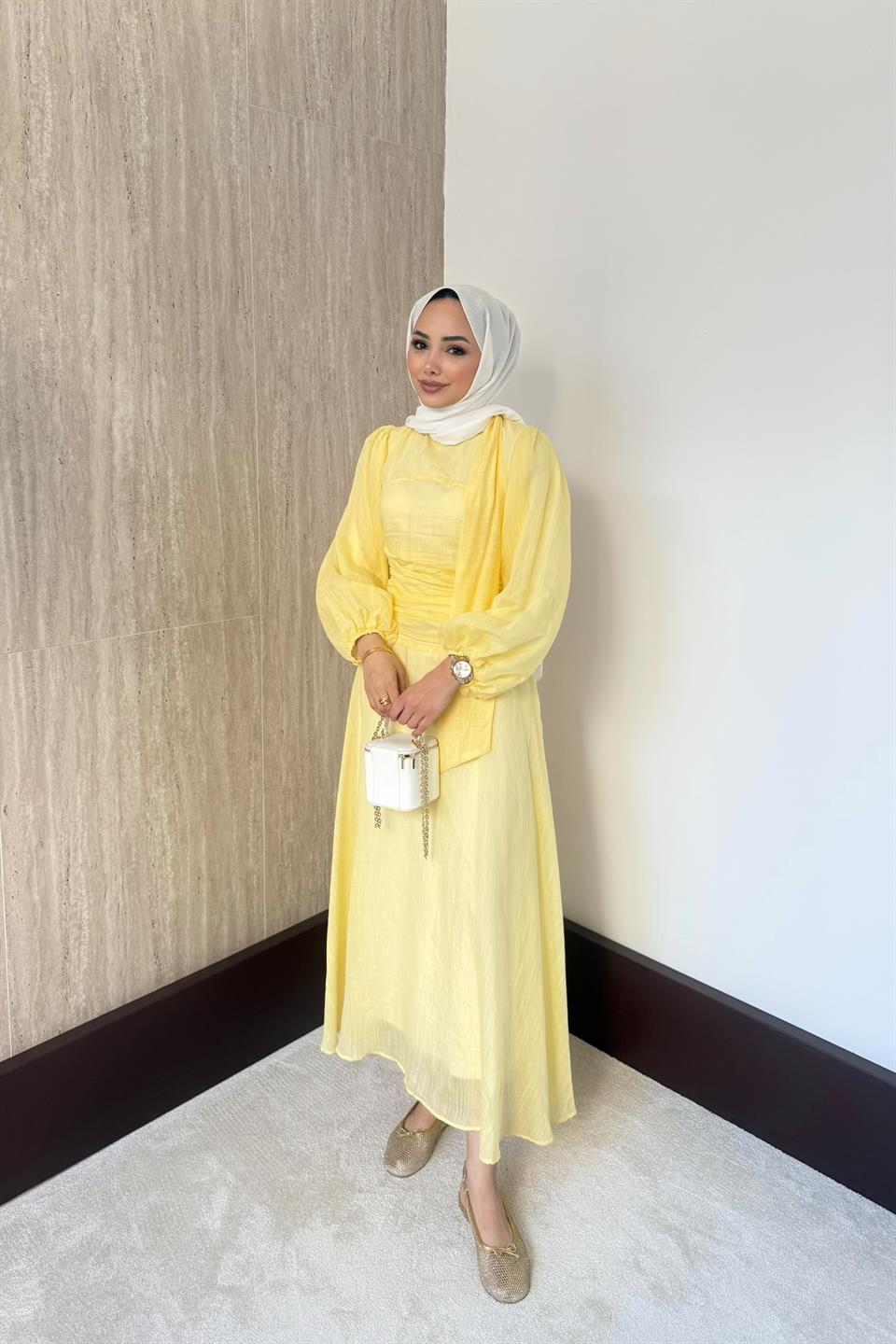 Belden Oturtmalı Elbise - Sarı