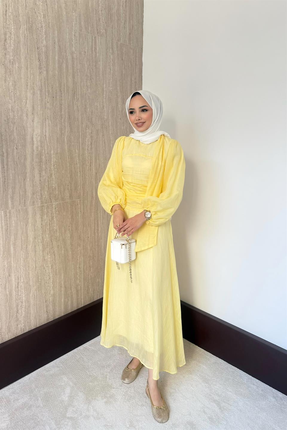 Belden Oturtmalı Elbise - Sarı