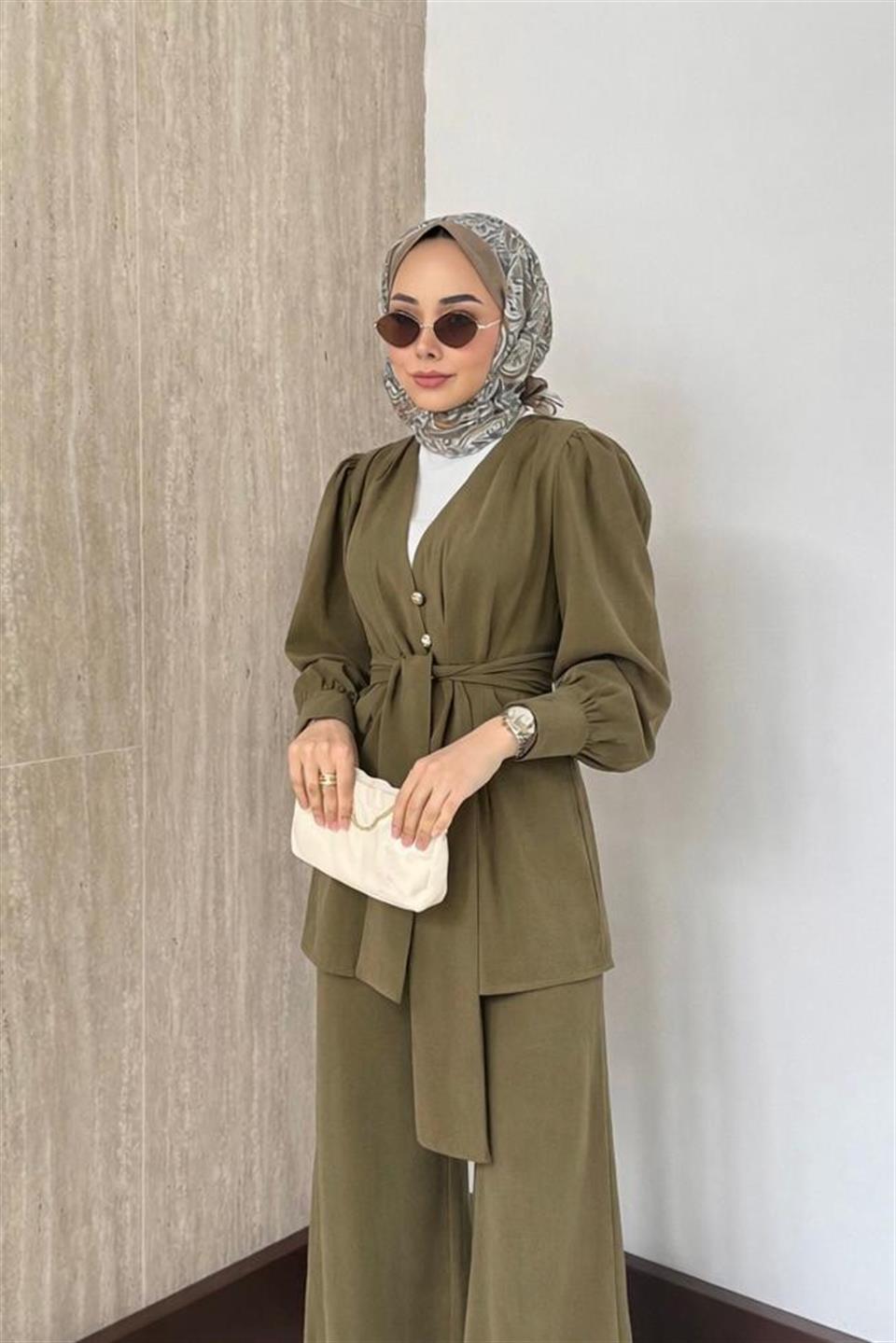 Belden Oturtmalı Model Pantolonlu Takım - Haki