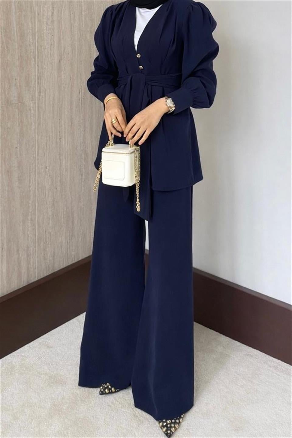 Belden Oturtmalı Model Pantolonlu Takım - Lacivert