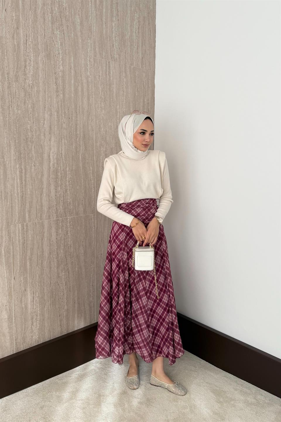 Beli Büzgülü Ekose Etek - Mürdüm