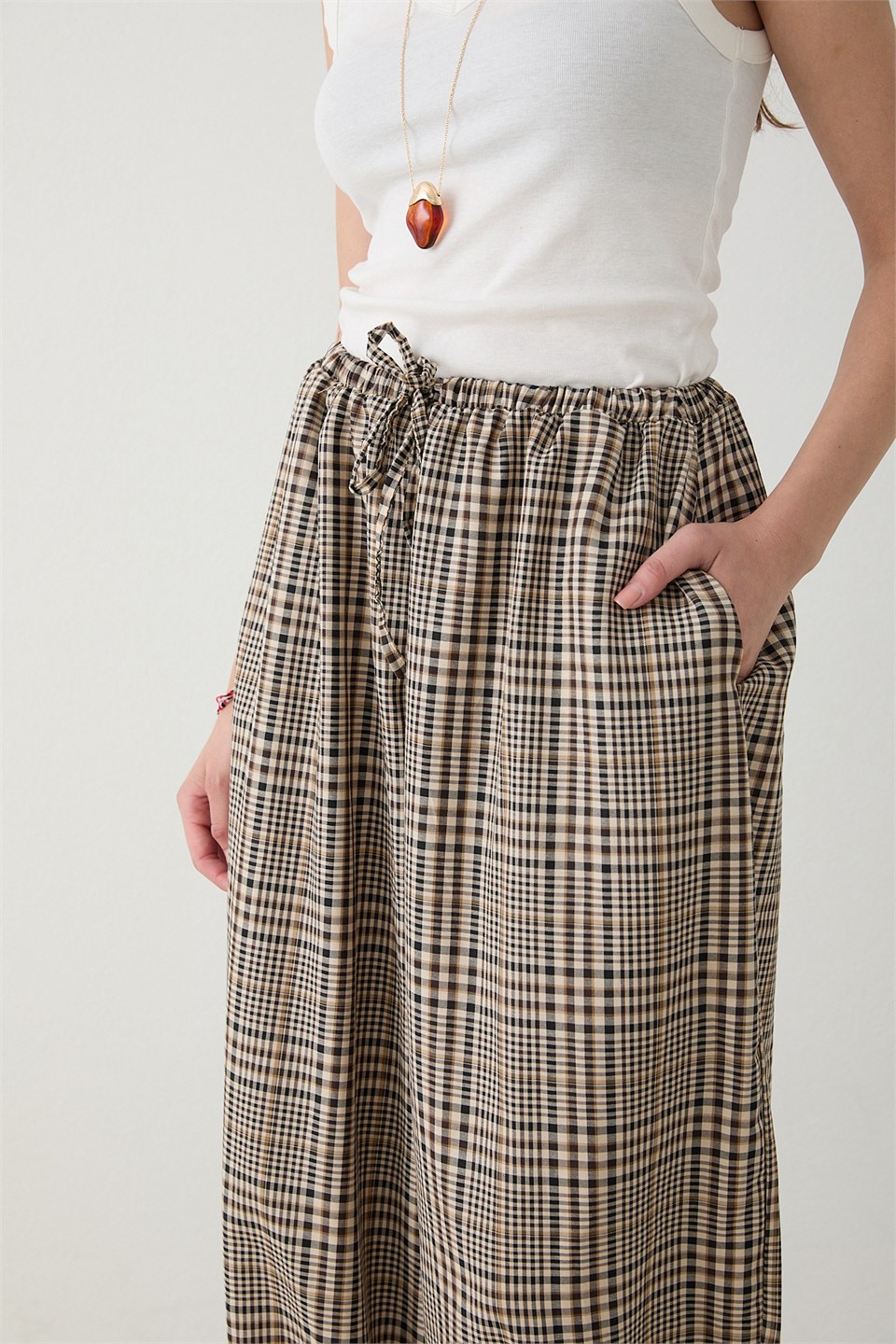 Beli Lastikli Ekose Pantolon - Kahve
