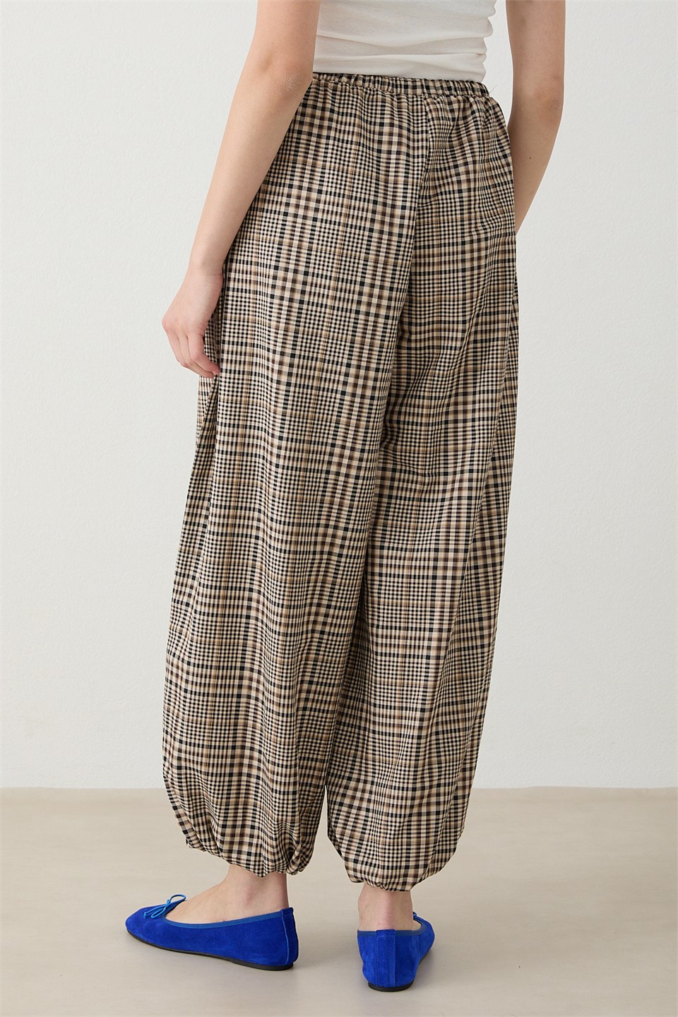 Beli Lastikli Ekose Pantolon - Kahve