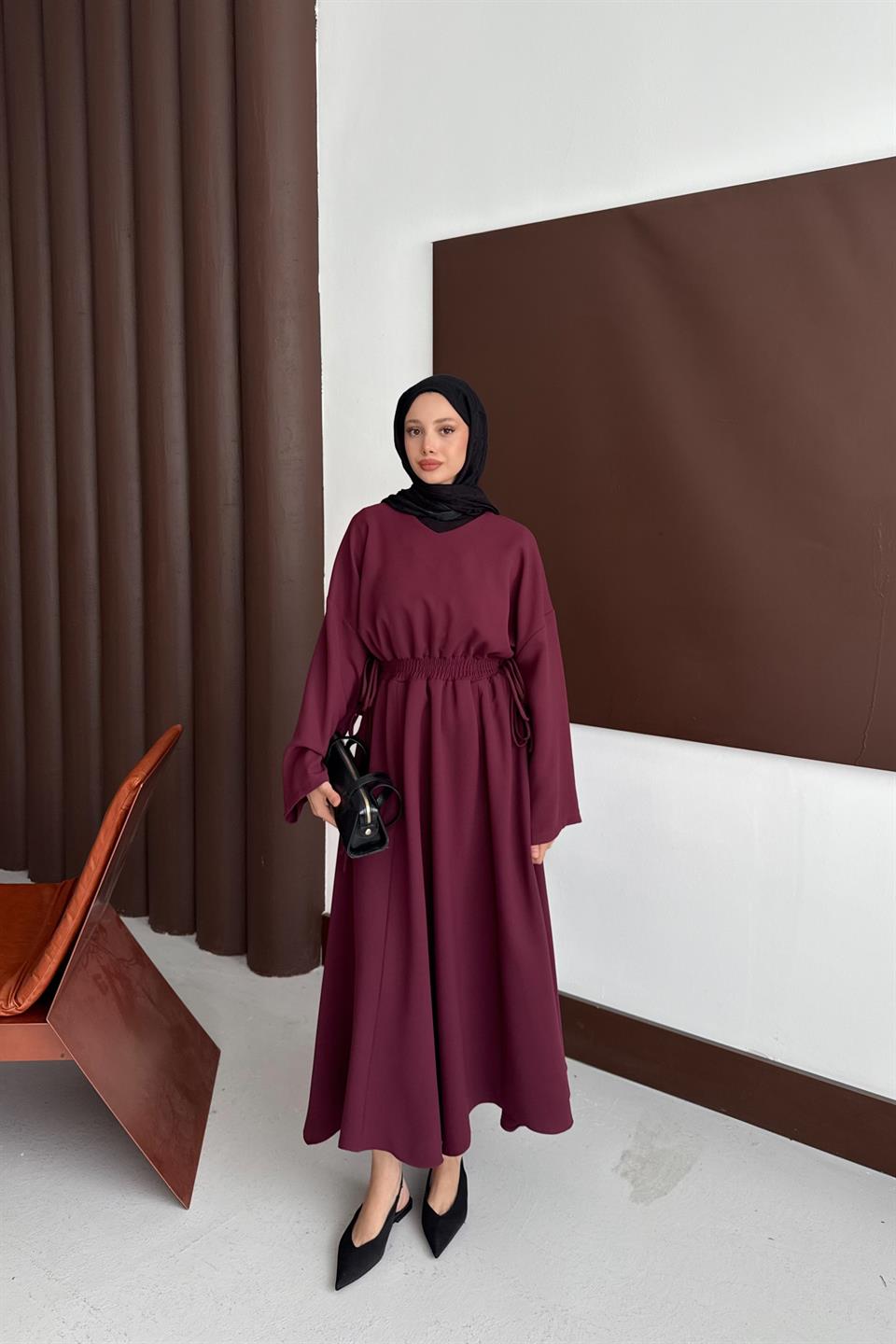 Elastic Waist Dress - Burgundy