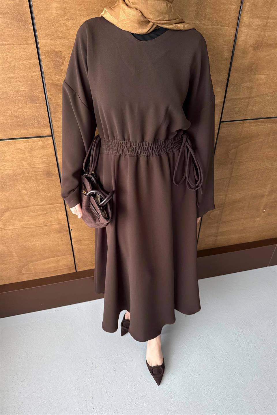 Elastic Waist Dress - Brown 