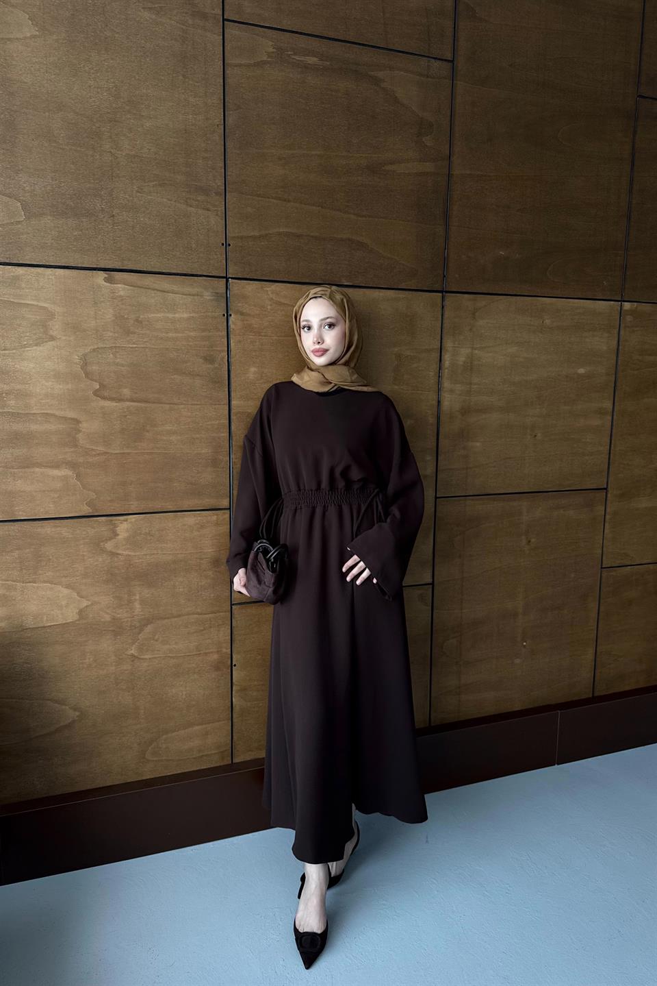 Elastic Waist Dress - Brown 